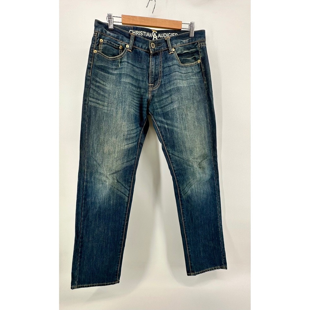 Christian Audigier Mens 32x32 Blue Wash Denim Jeans Distressed Logo